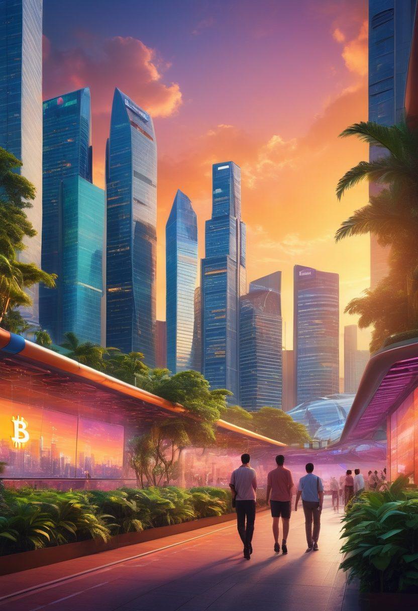 A vibrant cityscape of Singapore at sunset, showcasing the iconic skyline with futuristic buildings and lush greenery. In the foreground, a cheerful group of diverse young professionals interacting with holographic screens displaying Bitcoin and blockchain graphics. Ensure a sense of optimism and innovation, with warm colors illuminating the scene. digital art. vibrant colors. super-realistic.