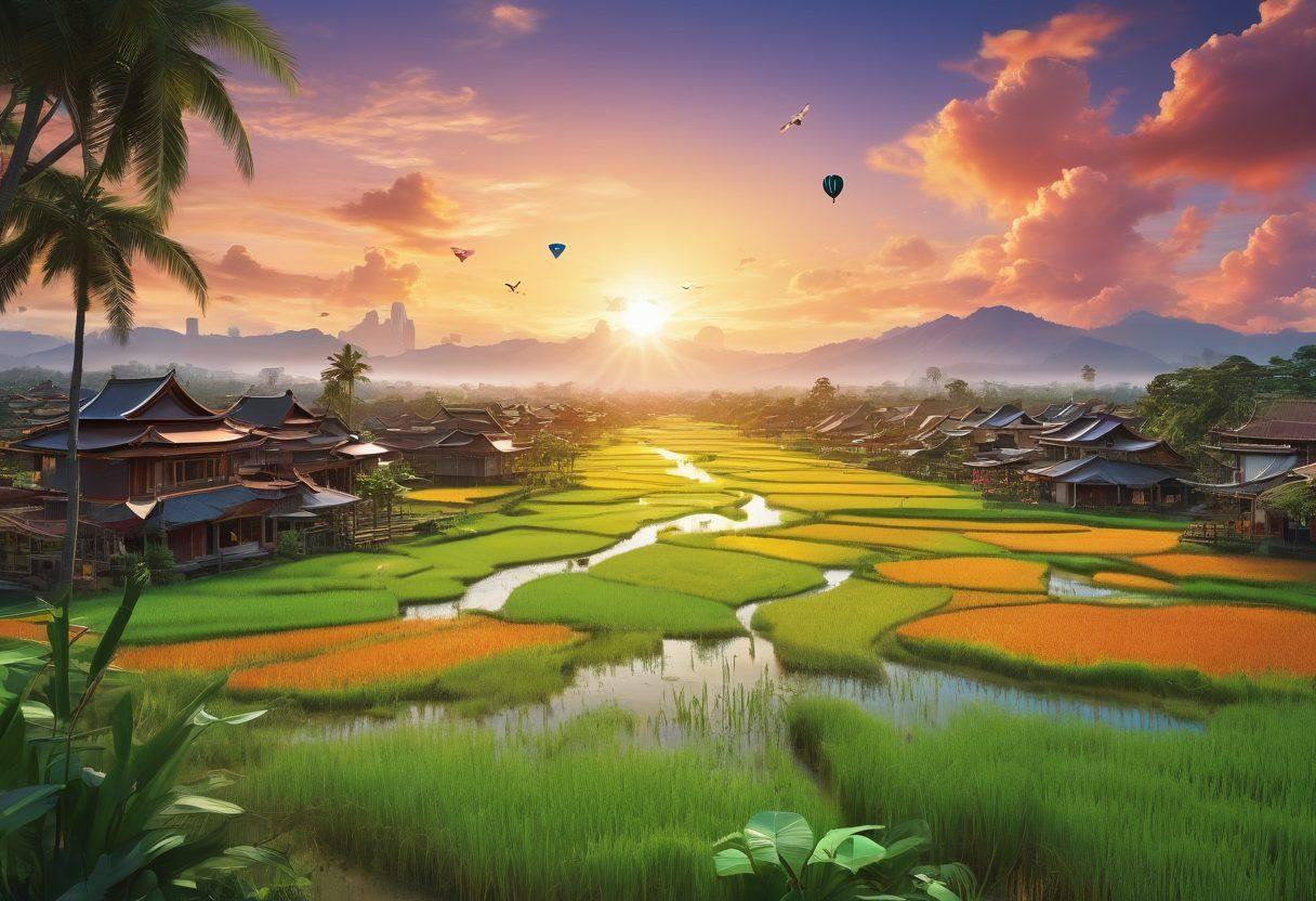 A vibrant Southeast Asian landscape featuring landmarks like rice paddies and city skylines, with digital elements like cryptocurrencies floating in the air. Diverse people of various ages joyfully engaging with technology, using devices to invest. Incorporate symbols of growth, like trees or coins sprouting, to represent wealth and future. Bright colors to evoke a sense of happiness and optimism. digital art. vibrant colors. 3D.