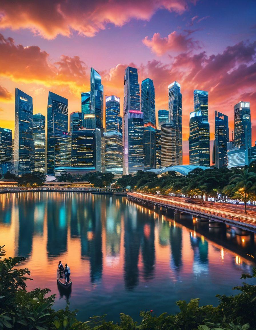 A vibrant cityscape of Singapore at sunset, with futuristic skyscrapers representing cryptocurrency innovation. Include cheerful people of diverse backgrounds interacting with digital devices, showcasing their excitement for crypto. Add colorful charts and tokens floating in the air symbolizing financial growth and joy. The atmosphere should be bright and hopeful, encapsulating the spirit of a cheerful financial future. super-realistic. vibrant colors. 3D.